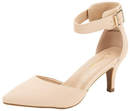 DREAM PAIRS Womens Court Shoes Pointed Toe Low Kitten Heel Ladies Pumps Ankle Strap Dress Sandals,Size 8,Nude/Nubuck,LOWPOINTED