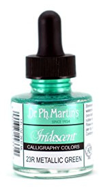 Dr. Ph. Martin's Iridescent Calligraphy Color (23R) Ink Bottle, 1.0 oz, Metallic Green, 1 Bottle