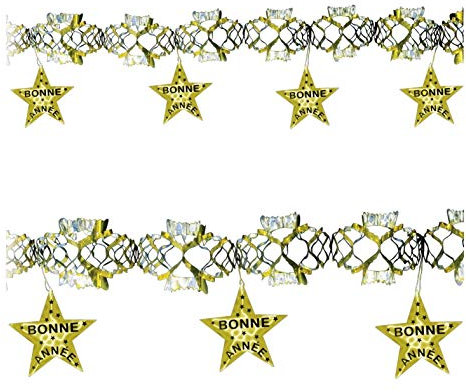 Widmann 7902R - Girlande Bonne Année, Länge 3 Meter, Gold-Silber, holografische Folie, Sterne, französischer Text, Frohes neues Jahr, Partykette, Hängedekoration, Silvester, Neujahr, Party