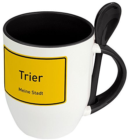 digital print Städtetasse Trier - Löffel-Tasse mit Motiv Ortsschild - Becher, Kaffeetasse, Kaffeebecher, Mug - Schwarz