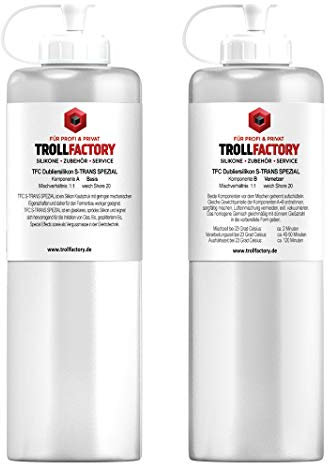 TFC Troll Factory Silikon 2 x 500 g S-TRANS SPEZIAL weich Shore (1kg) farblos, 2-Komponenten-Silikon, Shore A 20, Special Effects, Imitationen, Guss, Quetschflasche mit Dosierkappe