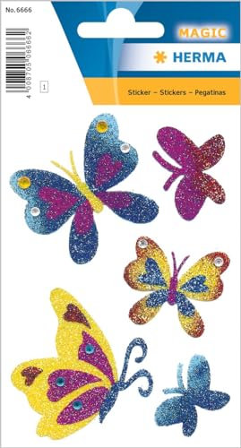 HERMA 6666 Aufkleber Schmetterlinge Glitzer klein groß, 5 Stück, Schmetterling Sticker in blau lila, Butterfly Etiketten für Fotoalbum Tagebuch Poesiealbum Scrapbooking Dekoration Briefe DIY Basteln