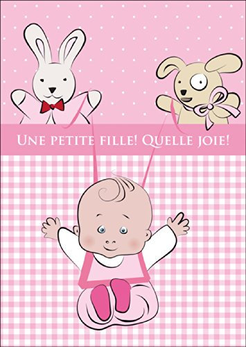 Süße französische Babykarte, Glückwunsch Grußkarte zur Geburt mit rosa Vichy Karo, Baby und Stofftieren: Une petite fille! Quelle joie! • Grusskarte zum gratulieren