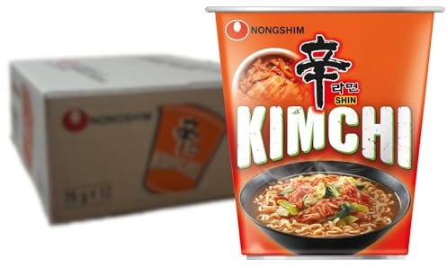 Nong Shim Instantnudeln Kimchi Ramen – Koreanische Ramen Cup Suppe - schnelle Zubereitung – 12er Vorteilspack à 75g