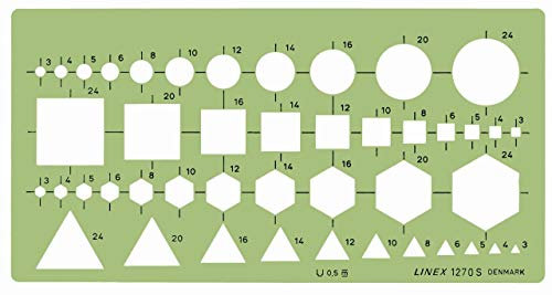 Linex 1270S Kombinationsschablone, mit Kreisen, Quadraten, Sechsecken und Dreiecken von 3-24 mm, 195 x 100 mm