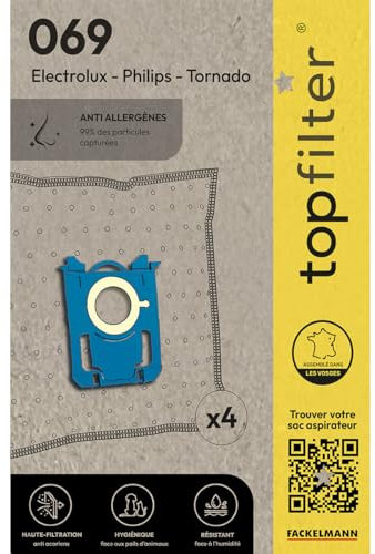 TOP FILTER 64069 Lot de 4 sacs aspirateur Philips Tornado Electrolux, sac aspirateur Philips, sac aspirateur Electrolux, poche aspirateur, Non tissé polypropylène, Plastique, Caoutchouc, 30 x 26 cm