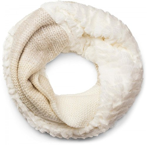 styleBREAKER Damen Strickloop Schlauchschal mit Streifen Wellen Muster, Schal mit Materialmix, Kunstfell Einsatz, Winter Strickschal 01018142, Farbe:Creme-Beige