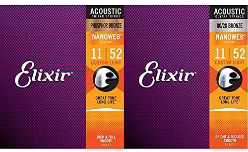 Elixir 16027 Saiten Phosphor Bronze Akustik-Gitarrensaiten mit NANOWEB Beschichtung, Custom Light (.011-.052) & 11027 Saiten 80/20 Bronze Akustik-Gitarrensaiten mit NANOWEB® Beschichtung