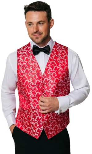 Dobell Mens Red/Silver Waistcoat Regular Fit 5 Button Edwardian Swirl Jacquard Pattern