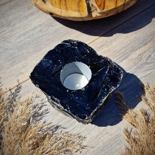 Budawi® schwarzer Obsidian Teelichthalter Rohstein Kerzenhalter aus Obsidian Edelstein