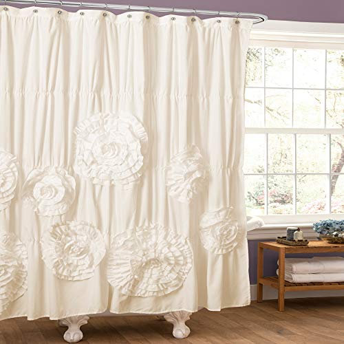 Lush Decor Serena Tenda da Doccia Increspata Floreale Vintage Chic Stile Fattoria Decorazione Bagno, Poliestere, Avorio, 72” x 72”