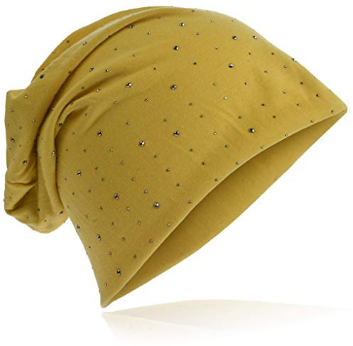 Miobo Jersey Slouch Beanie Long Mütze mit edler Strass Nieten Applikation Unisex Unifarbe Herren Damen Trend,Senfgelb