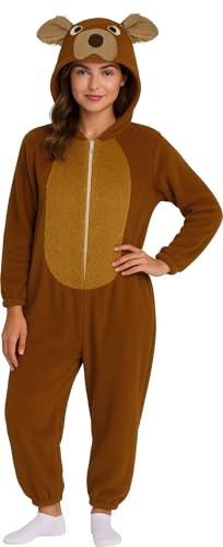 FIESTAS GUIRCA | Bärenkostüm Kigurumimi Erwachsene Unisex (52-54/L) – Overall mit Kapuze und Schwanz – Tierkostüm für Karneval, Halloween, Mottopartys, Cosplay, Maskenball – Braun