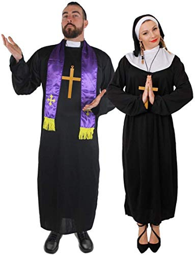 PRIESTER & NONNEN PAARE ORIGENAL KOSTÜM- FANCY DRESS -FÜR KARNEVAL UND VERKLEIDUNGEN - MÄNNER -SCHWARZE PFARRER ROBE UND EIN LILA SCHAL + DAMEN NONNEN TUNIKA MIT WEISSEN KRAGEN UND EINEM SCHWARZEN SEIL GÜRTEL SOWIE EINEM GROSSEN GOLDENEN KREUZ ZU ERHALTEN NUR VON ILOVEFANCYDRESS