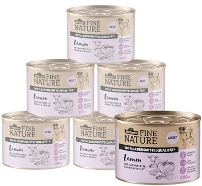 Dehner Fine Nature Hundefutter, Nassfutter getreidefrei / zuckerfrei, für ausgewachsene Hunde, Lamm / Kartoffel, 6 x 200 g Dose (1.2 kg)
