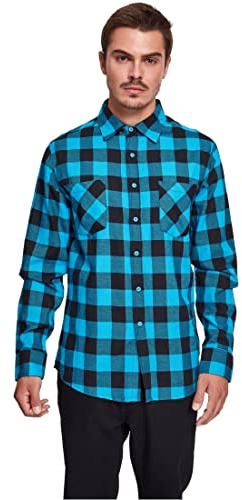 URBAN CLASSICS Camicia in Flanella a Maniche Lunghe da Uomo, Camicia Casual Lunga con Bottoni per Uomo, Vestibilità Regolare, Cotone Flanella, Colore: Nero/Tur, Taglia: M