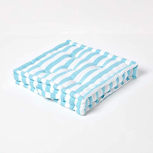HOMESCAPES - Thick Stripe Blue - 100% Cotton - Floor Cushion - Medium Cornflower Blue - 40 x 40 x 8 cm Square - Indoor - Garden - Dining Chair Booster - Seat Pad Cushion
