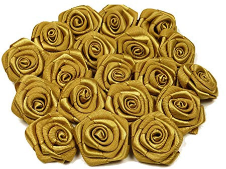 Rosen 3 cm x 10 Stück Satinrosen Aufnäher Deko Blumen Röschen zum Basteln Hochzeit kleine Rosenköpfe Farbe: Gold 687