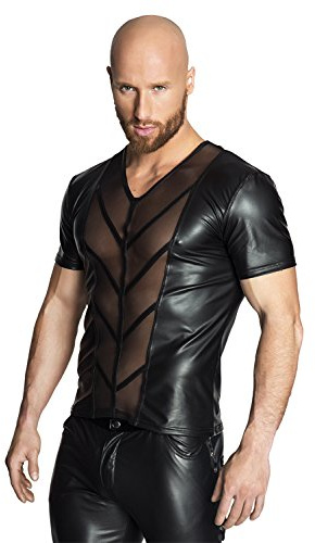NOIR HANDMADE, H029-XL, Men - Kunstleder/Tüll T-Shirt teiltransparent mit V-Ausschnitt und aufgesetzten Zierst