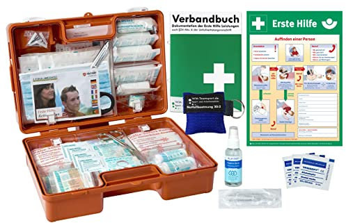 Erste-Hilfe-Koffer M3 PLUS für Betriebe nach aktueller DIN/EN 13157 von WM-Teamsport - inkl. Notfall-Beatmungshilfe, Verbandbuch & Hygiene-Gel & Plakat Erste Hilfe