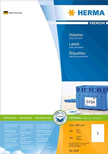 HERMA 4428 Universal Etiketten, 1400 Blatt, 210 x 297 mm, 1 pro A4 Bogen, 1400 Stück, selbstklebend, bedruckbar, matt, blanko Papier Klebeetiketten Aufkleber, weiß