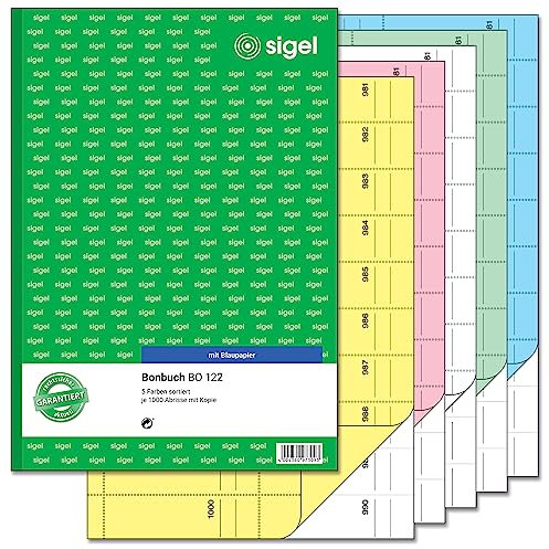 SIGEL BO122 Bonbücher Bonblocks Sparpack im 5er Set a 1000 Abrisse, in gelb, rosa, weiß, grün, blau, A4, 2x50 Blatt (jeweils nummeriert von 1 - 1000)