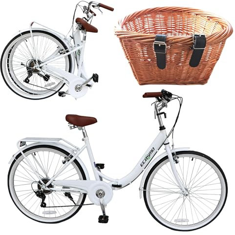 ECOSMO 26 Ladies Folding Bike - Women's bike with 7-Speed Shimano Gears, Sturdy Frame, Fold Up Bike for City Commute, Folding Bicycle with Rear Rack+ Front Basket, Fitness Bike for Adults 150-180cm