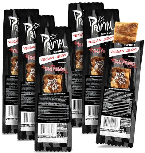 Primal Strips Thai Peanut Vegan Jerky Pack of 6 (28gm) – Delicious Meat Alternative Healthy Snacks – Non-GMO, High Protein, Traditional Vegan Snacks