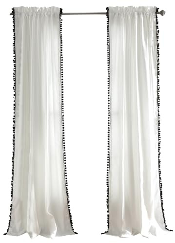 Lush Decor Pom Curtain | Textured, Solid Color Vintage Chic Style Window Panel for Living, Dining Room, Bedroom (Single), Black, 50 W x 84 L