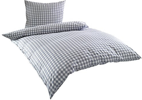 Mako Batist/Mako Perkal Landhaus Bettwäsche Karo Oslo kariert (155 cm x 220 cm + 80 cm x 80 cm, Grau - Karo)