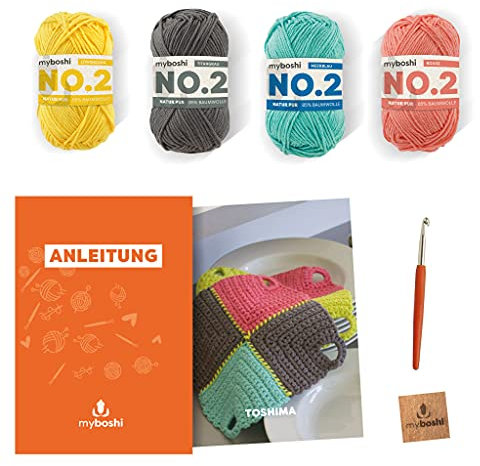 myboshi Häkelset Topflappen Toshima, inkl. No.2 Wolle, Nadel und Anleitung, Häkelpaket, 85% Baumwolle, 15% Kapok Gelb, mit Häkelnadel