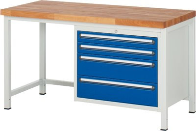 Werkbank, BxTxH 1500x700x840 mm, 4 Schubladen 2x90 /2x180 mm, Buche-Massiv-Platte 40 mm, RAL7035/RAL5