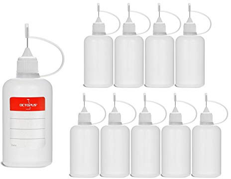 10 Botellas de recarga con aguja Octopus de 50 ml, botella para líquidos electrónicos para shishas electrónicas y cigarrillos electrónicos, aceites, tintas y pegamentos, botellas vacías de plástico LDPE para evaporadores / Depósitos / claromizador con dosificador de aguja, incl. 10 etiquetas identificativas