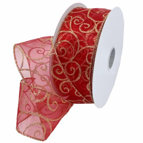 Morex Ribbon 7416.60/50-934 Swirl 2.5 X 50 YD Nylon Sheer Curling Wired Glitter Ribbon, Red/Gold, Holiday Ribbons for Crafts and Christmas Decorations, Indoor Christmas Ribbon for Gift Wrapping