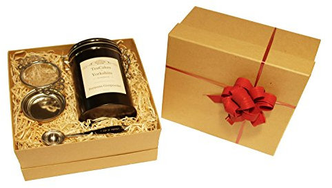 Formosa Gunpowder Tea Gift Set Green Loose Leaf Wrapped 100g in Caddy with Tea Strainer and Measuring Spoon by TeaCakes of Yorkshire