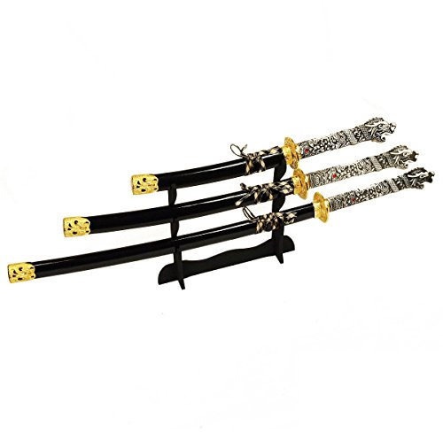 DerShogun Samuraischwert Set Katana Wakizashi Tanto Connor MacLeod mit Drachenkopf inklusive Schwertständer