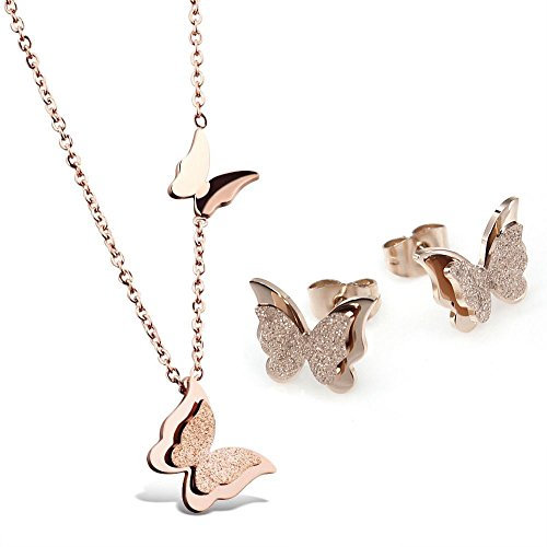 Kim Johanson Edelstahl Damen Schmuckset Schmetterling Halskette mit Anhänger & Ohrringe in Roségold inkl. Geschenkverpackung