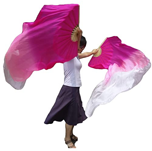 Winged Sirenny 180cm Echte Seide Fächerschleier Bauchtanz Seide Paar, Fächer mit Stoff Schleier (rosa Farbverlauf)