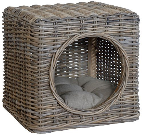 Korb-Outlet Katzenhöhle aus unbehandeltem Rattan inklusive Polster/Tierkorb auch als Sitzhocker nutzbar (Grau)