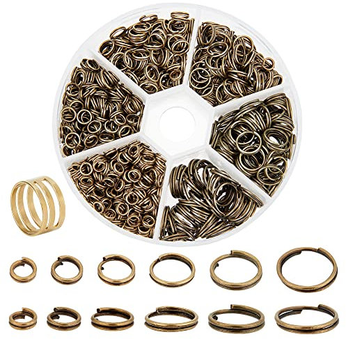 PandaHall Eisen Split Ringe, 1-Box 6-Größen Doppel Loop Jump Ring Kleine Split Schlüsselringe Stecker mit einem Jump Ring Opener Werkzeug für DIY Schmuck Herstellung Antike Bronze,Durchmesser: 4-10 mm