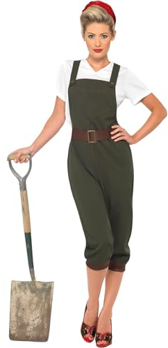 Smiffys WW2 Land Girl Costume, Green Top, Dungarees and Headscarf, 1940's Wartime Fancy Dress, 1940s Dress Up Costumes