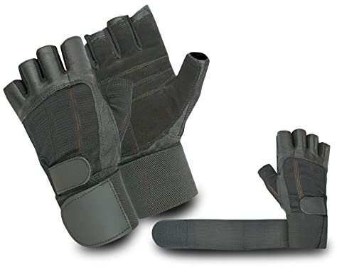Leather Weight Lifting Gloves (077) Long Wrist Strap Training Power Lifting PADDED Palm Exercise Fitness Body Building Strengthening Home Gym