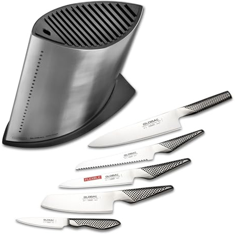 Global 6 Piece Knife Block Set with 5 Premium Japanese Knives & Ship Shape Knife Block: Chef’s Knife, Vegetable, Bread, Utility & Paring Knives, Stainless Steel Kitchen Knives, Made in Japan G-5225B