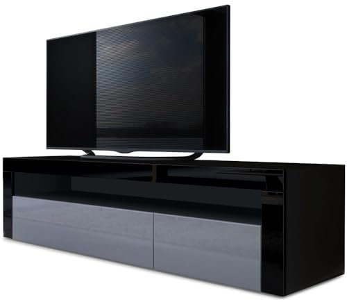 Vladon Lowboard Valencia, Made in Germany, TV-Kommode mit 1 offenem Fach und 2 Klappen, Schwarz matt/Grau Hochglanz/Schwarz Hochglanz (155 x 46 x 40 cm)