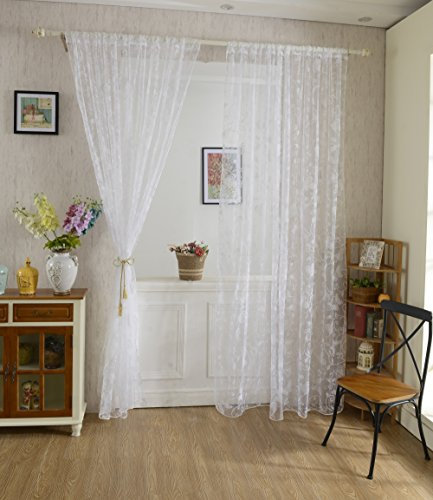 Voilage Rideau en Voile Paravent Motif de Papillon de Flocage pour Porte Fenêtre Balcon 200cm x 100cm (Blanc)