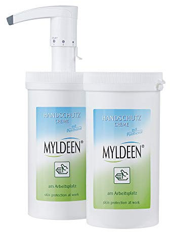 MYLDEEN Hautschutzcreme | Handcreme, Handpflege | Spender + Nachfülldose 1.000 ml | Pflege auf der Arbeit, Arbeitsschutz | Pflegt und schützt trockene und rissige Händen, nicht fettend