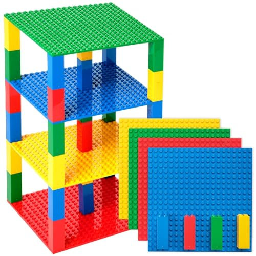 Strictly Briks Classic LEGO-Compatible Stackable Baseplates, 15cmx15cm, Building Bricks For Towers, Compatible with LEGO Blocks, Red, Green, Blue & Yellow, 4 Base Plates, 30 Stackers