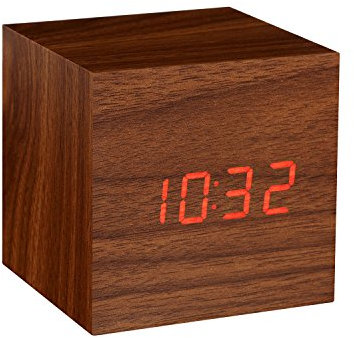 Gingko Cube LED Click Clock Wecker mit Sound Aktivierung (Uhrzeit, Datum & Temperatur), Walnuss / Rot LED