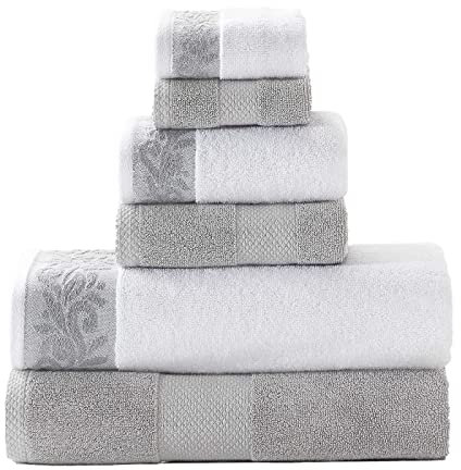 Modern Threads 6-teiliges Handtuch-Set mit Filgree-Jacquard-Bordüre, 600 g/m², Silberfarben