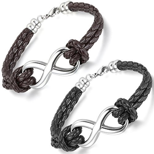 Aroncent 2 PCS Damen Herren Armband Infinity Charms Armreif Lederarmband Unendlichkeit Edelstahl Armkette Geflochtenes Armband, Schwarz